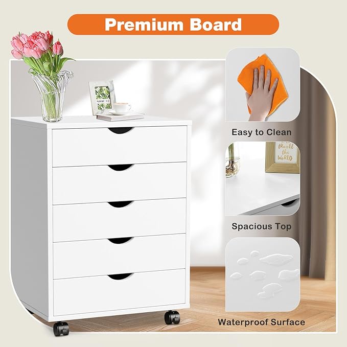 5 Drawer File Cabinet, Under Desk Storage Organization with Wheels, Mobile Filing Chest for Small Desk Printer Stand for Home Office, White