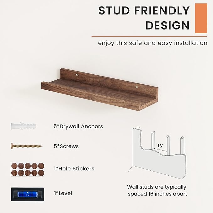 FLYJOE Picture Ledge Shelf, Floating Shelves Set of 2, 16 Inches Nursery Book Shelves for Toys Storage, Kids Bookshelf Wall Mounted for Living Room Bedroom Decor Books Photo Frames, Walnut