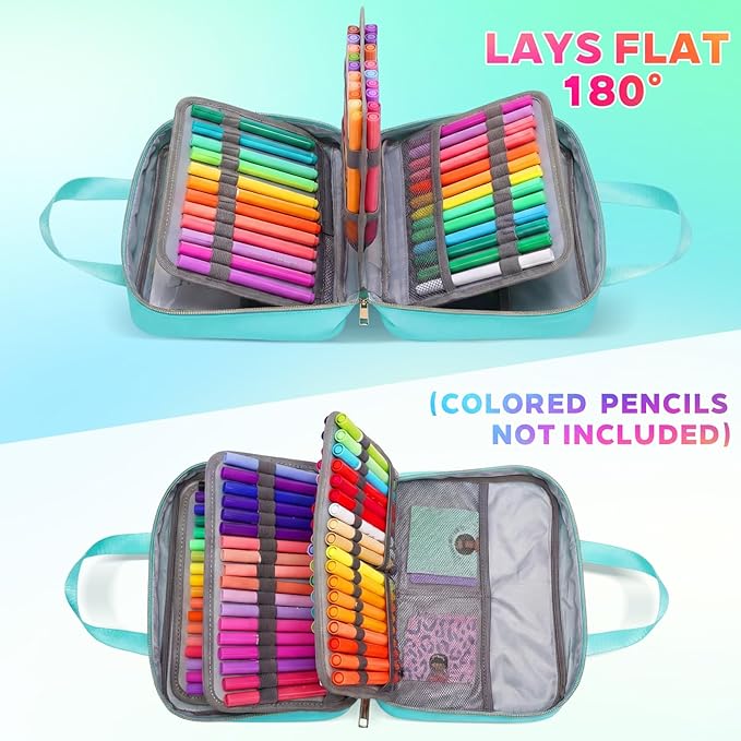 Hillban 108 Slots Large Colored Pencil Case with Chenille Letter Patch Extra Large Capacity Interlayer Pencil Holder Organizer with Handle Zipper Portable Storage Bag Graduation Gift for Artist(Green)