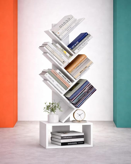 XBurmo 6 Tier Tree Book Shelf - Small Bookshelf Decor, Corner Bookshelf, Living Room Storage, Tall Narrow DVD & CD Shelf Storage Bookshelves, Comic Bookcases Standing for Bedroom or Office, White