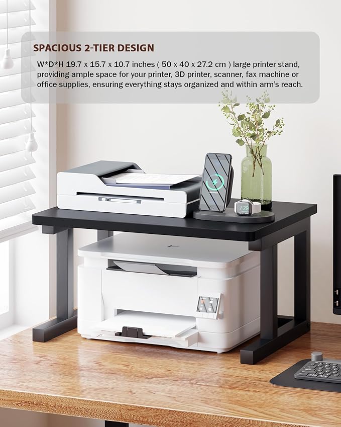 Desktop Printer Stand, 19.7″x 15.7″ 2-Tier Large Printer Shelf fit 3D Laser Printer/Scanner/Fax Machine, Industrial Storage Rack for Home Office Storage, Black P5040-B
