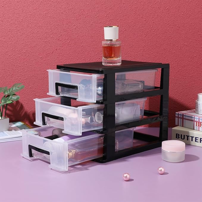 Plastic Stacking Desktop Storage Drawers 3-Drawer Storage Organizer, Small Organizer Box Makeup Container Case for Home Office Stationery Jewelry and Cosmetics