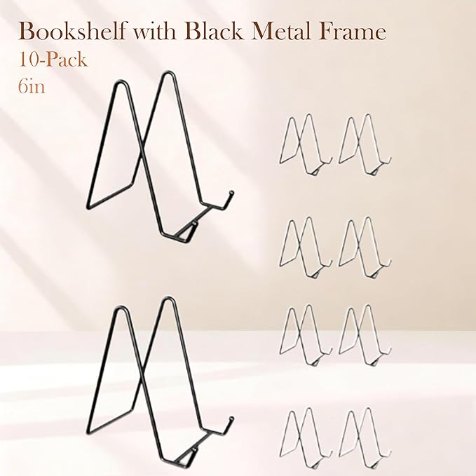 10-Pack 6-Inch Book Display Stand Metal Black Frame Book Holder for displaying Pictures, Photos, and easels. Ideal as a Display Stand for Home, Office, Creations, and Collectibles.