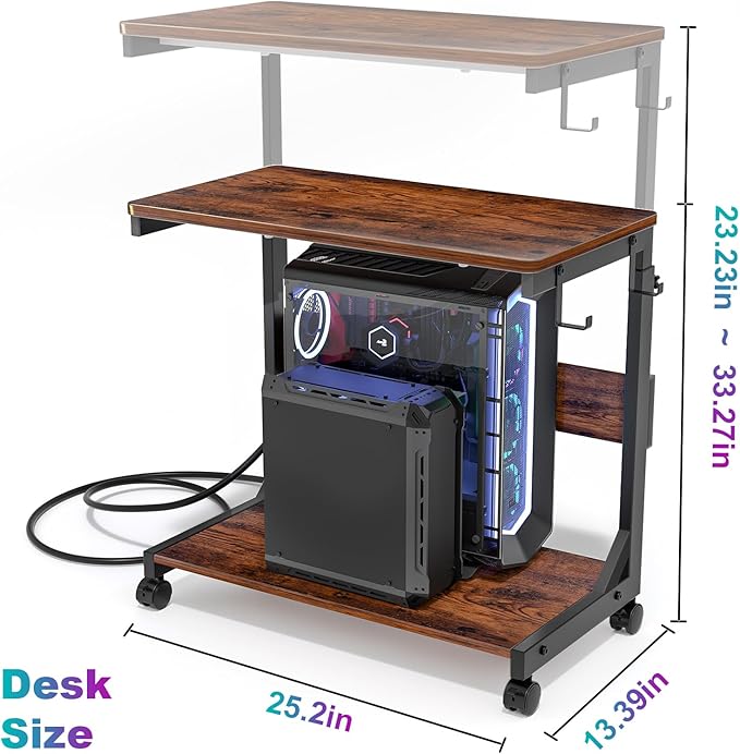 Height Adjustable Computer Tower Stand with Charge Station and USB Charging Port, 2-Tier ATX-Case Cart, Under Desk Mobile PC Stand, CPU Holder Cart with Locking Caster Wheels for Fits Most PC