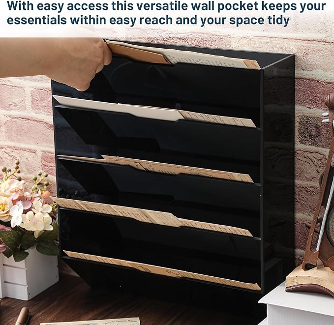 Chunful 5 Tier Mail Sorter Letter Wall Holder Black Acrylic Wall Mounted Mail Organizer Hanging File Envelope Pocket Plastic Mount Document Holder for Home Office Entryway