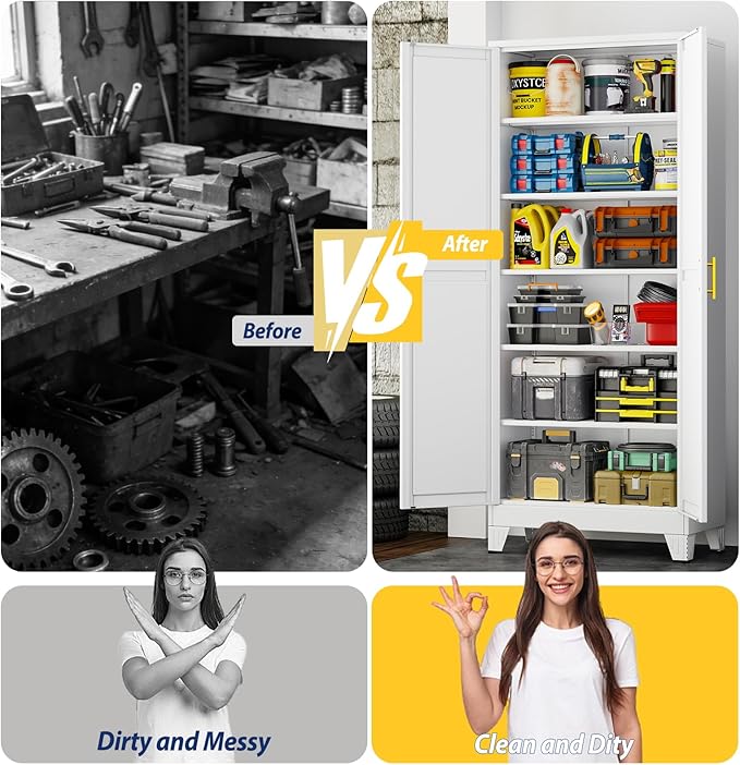 PAOFIN 75" Metal Storage Cabinet with 2 Doors and 5 Adjustable Shelves,White Metal Garage Storage Cabinets, File Cabinet,Steel Tool Cabinets for Home,Office,Garage,School,Warehouse