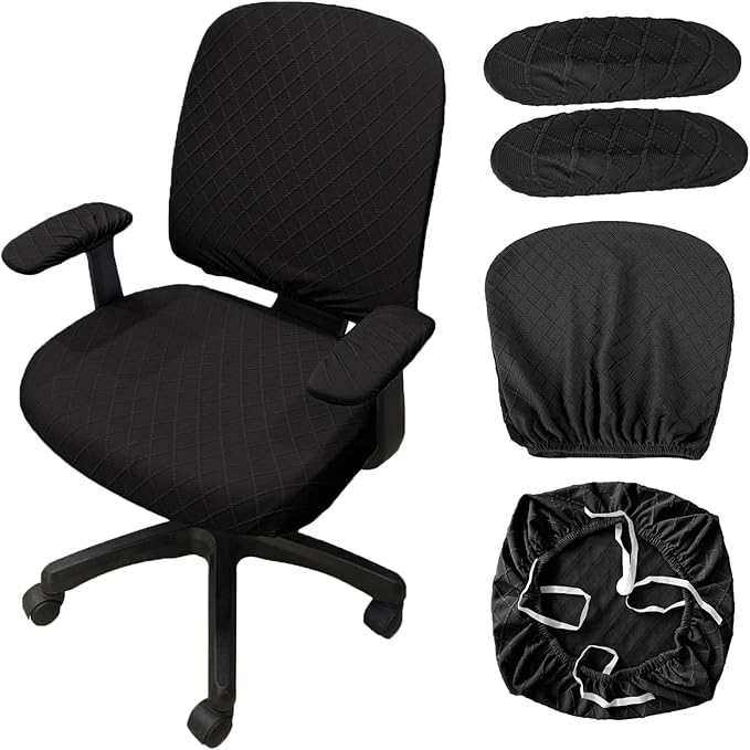 Stretch Jacquard Office Chair Cover with Armrest Covers, Removable Washable Desk Chair Cover, Anti-dust Seat Cushion Protectors -Seat + Backrest, Black