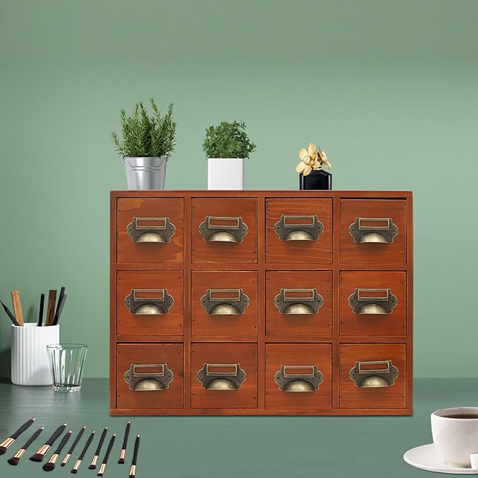 12 Drawer Drawers Storage Cabinet, Wooden Medicine Cabinet Desktop Drawer Organizer Herb Storage Box with Solid Wood Build & No Assembly for organize spices medicines jewelry cosmetics(Brown)