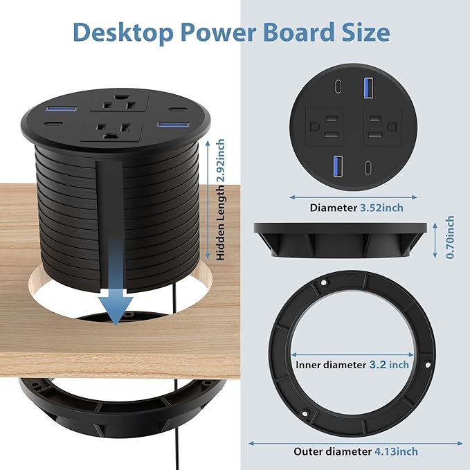 Recessed Power Grommet with AC Outlets, 3.15inch Desktop Power Grommet Outlet,30W PD Fast Charge for Deskt - Flush-Mount Recessed Power Strip,Home and Workspace Essential Desk Outlet
