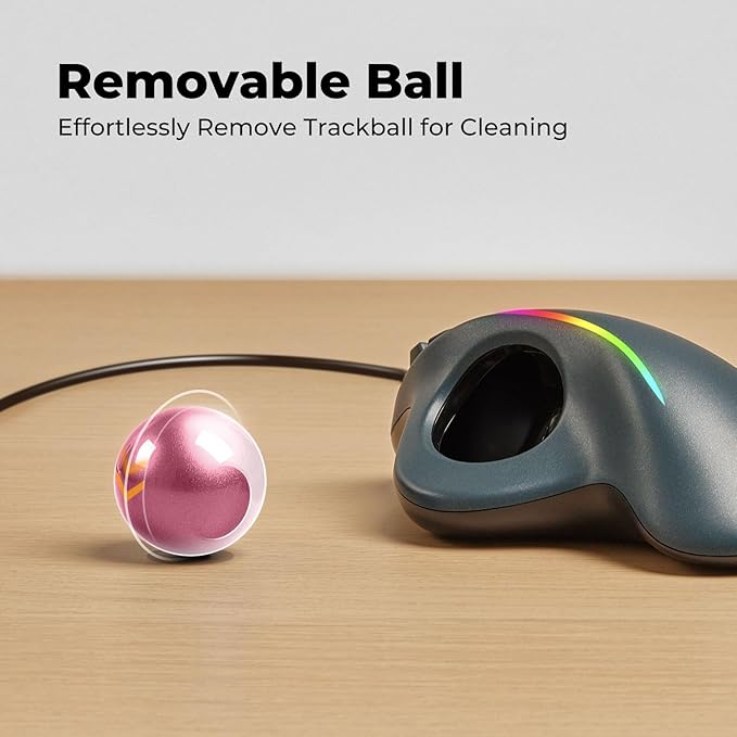 Wired Trackball Mouse with RGB Lighting, Ergonomic Thumb Control to Reduce Muscle Strain, 5 Adjustable DPI, Dual USB-C & USB-A Connectivity, Compatible with PC, Laptop, Mac, Windows (E-Pink)