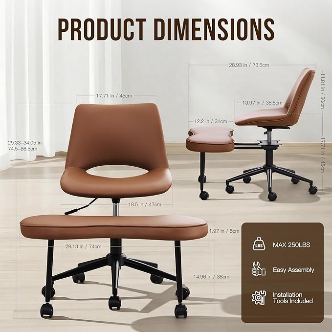 Ergonomic Cross Legged Office Chair with Wheels, 360° Swivel ADHD Chairs for Adults, Height Adjustable Seat for Meditation, Yoga - Wide Criss Cross Chair with Lumbar Support, Kneeling Chair, Brown