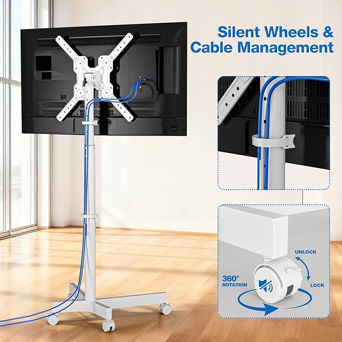 Mobile TV Cart, Floor TV Stand for 13-55 inch TVs with -10°/+15° Tilt Mount Holds up to 77 lbs, Height Adjustable Portable TV Stand for Flat/Curved Screens Max VESA 400x400mm, White
