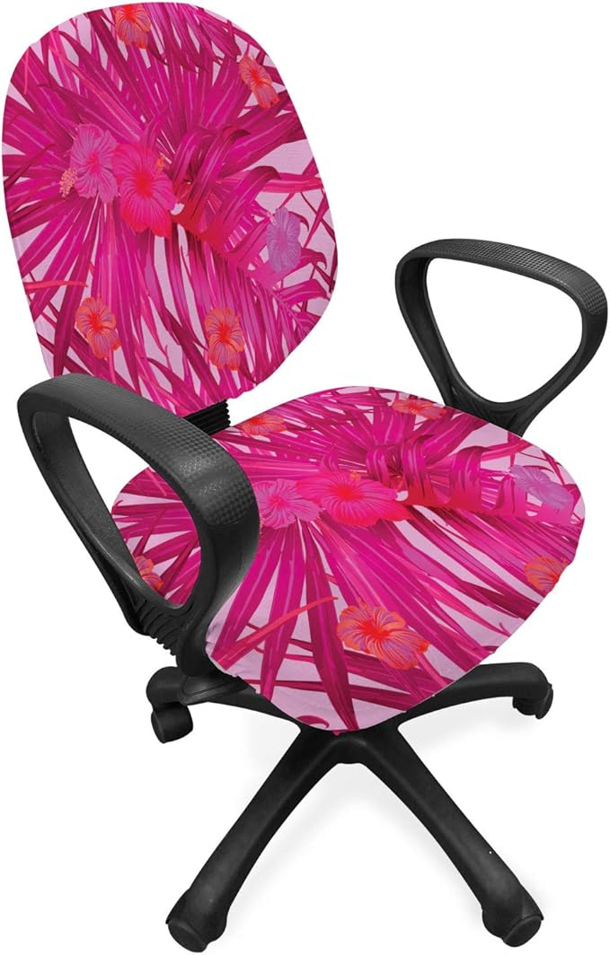 Ambesonne Hibiscus Office Chair Slipcover, Summer Concept Pattern of Tropical Flowers and Monstera Leaves, Protective Stretch Decorative Fabric Cover, Standard Size, Raspberry Pink