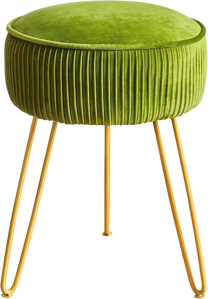 LUE BONA Pleated Vanity Stool, Velvet Upholstered Vanity for Makeup Room, Round Mondern Stool for Vanity, Ottoman Footrest with Metal Legs for Living Room, Bedroom, Matcha Green