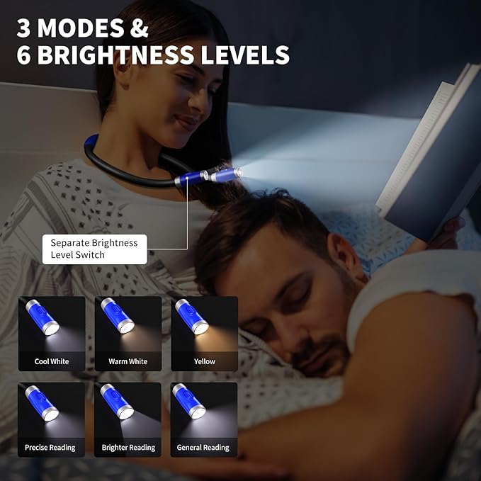 LUXJET Neck Reading Light & Book Lights - 3 Color & 6 Brightness, Flexible Arm, 80H Rechargeable - Christmas Gift White Elephant Gifts for Book Lovers