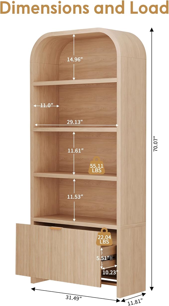 LEVNARY Arched Bookcase with Drawer, 70" Tall 5-Tier Bookshelf with Fluted Carved Drawer, Freestanding Display Storage Cabinet for Living Room Bedroom Home Office (Natural)