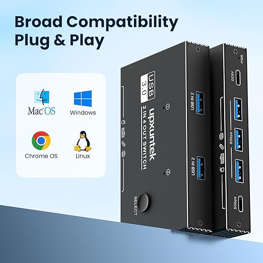 USB 3.0 Switch Selector, 2 Computers Sharing 4 USB Devices, 5Gbps High-Speed Switch for Keyboard, Mouse, Printer, Scanner, Includes USB-A & USB-C Cables