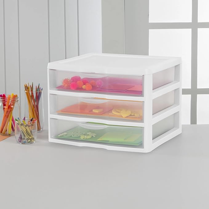 2-Pack Wide 3 Drawer Storage Unit, Clear Plastic Countertop Drawers with Stopper, White Desktop Organizer for Crafts Office Supplies Makeup, Stackable Small Drawer Bin for Bedroom Bathroom