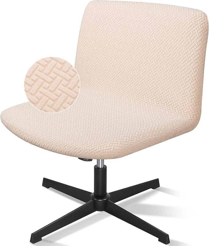Armless Chair Cover, Beige Office Criss Cross Desk Vanity Computer Task Chair Cover, Washable Modern Jacquard Wide Seat Swivel Cross Legged Office Chair Slipcovers（Only Covers, No Chairs）