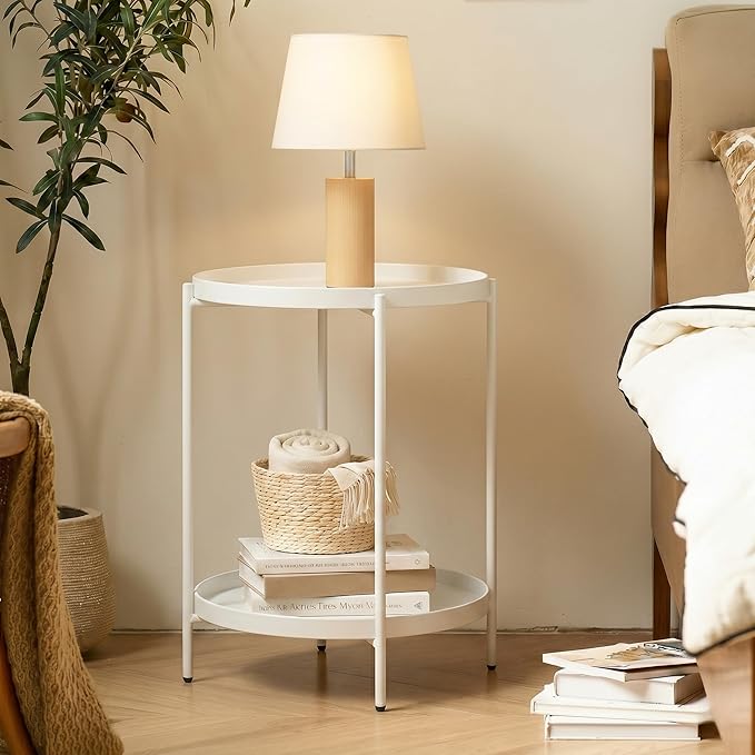 TeoKJ 2 Tier Round Side Table, Folding Round Metal End Table Small Nightstand with Two Removable Tray for Bedroom Living Room Bedside Small Spaces White