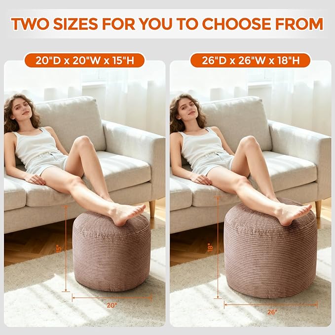 20" x 20" x 15" Pouf Ottoman Foot Rest, Pre-Stuffed Round Foot Stool with Odorless Shredded Memory Foam, Furry & Fluffy Corduroy Footrest for Living Room, Brown