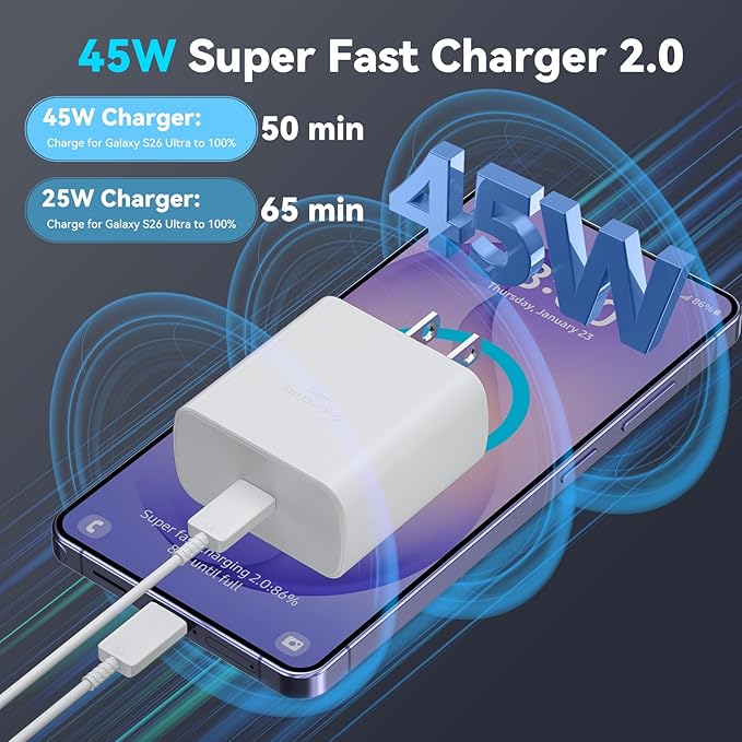 45W Super Fast Charger USB C Android Phone Type C Charger Fast Charging Block with 6.6FT Cord for Samsung Galaxy S26/S26 Ultra/S26+/S25 Ultra/S25/S24 Ultra/S24/S23 Ultra/S22/S21/S20/Note 10, White