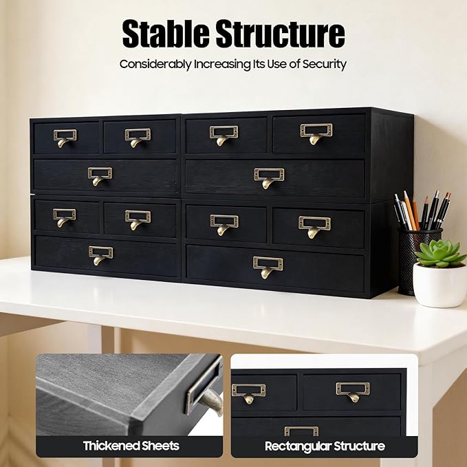 4 Packs Vintage Desktop Apothecary Cabinet with 3 Drawers, Vintage Desktop Organizer Wood Desktops Organizers Stackable Drawers Chest Drawer for Herb Storage Tea Collection Stationery (Black)