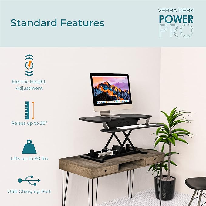 VERSADESK® PowerPro™ 36” x 24” Standing Desk Converter | 36 Inch Electric Height Adjustable Sit to Stand Desk Riser w/Keyboard Tray & USB Hub - Ergonomic Workstation for Home & Office, Maple
