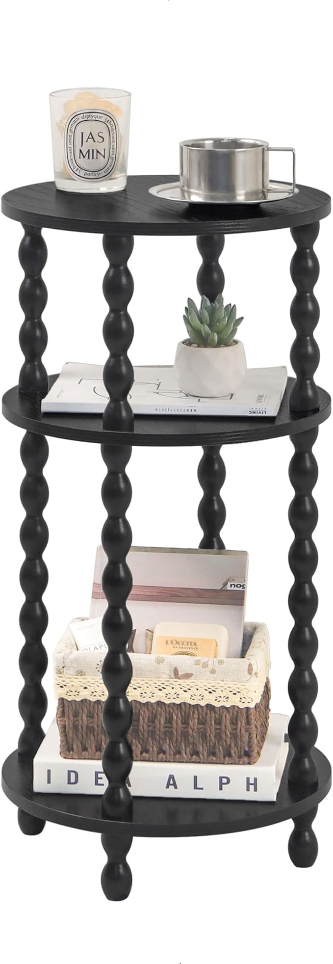 AWASEN Small Round Side Table, Black End Table with 3-Tier Open Shelf for Small Spaces, Round Bedside Table Nightstand for Bedroom, Living Room, Office, Black