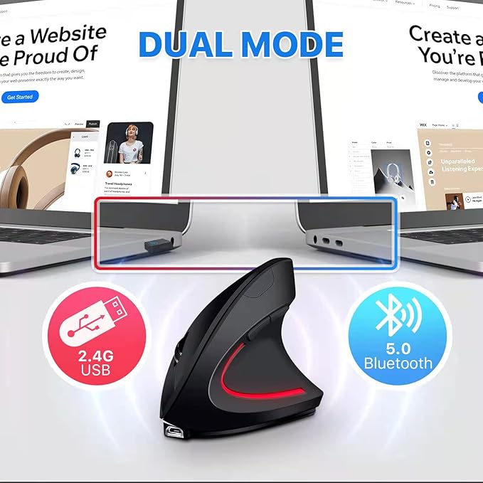 Ergonomic Wireless Mouse Unique Rechargeable Optical Vertical Mouse, 2.4G 5.0 Bluetooth Mouse Ergonomic with 6 Buttons, 800/1200/1600 DPI Wireless Mouse for Laptop,Desktop,PC,MacBook