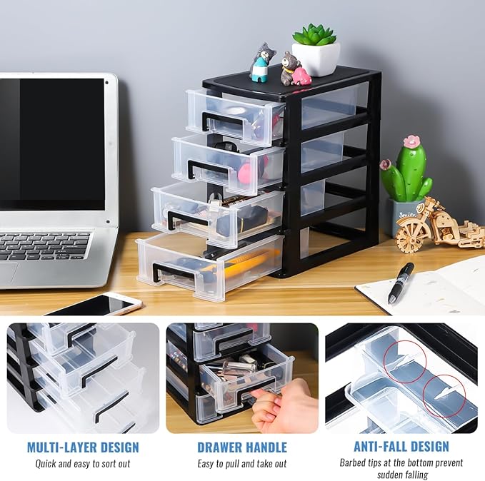 DOITOOL 4 Drawer Storage Organizer, Plastic Storage Bins Desk Organizer with Drawers for Makeup Vanity Nail Polish Bathroom Stationery Art Craft Supplies, Kitchen Office Organization