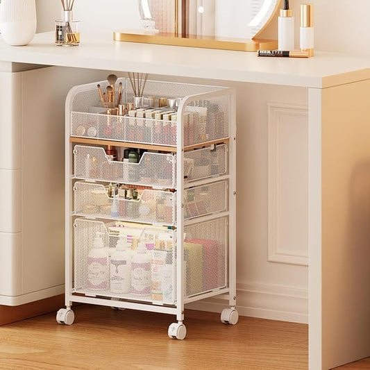 Jakyitvi Makeup Cart Organizer with 3 Drawers, Under Desk Storage Drawers,Floor Skincare & Makeup Organizer, Vanity Storage for Cosmetics, Nail Polish, Perfume, Makeup Brushes, Hair Tools, White