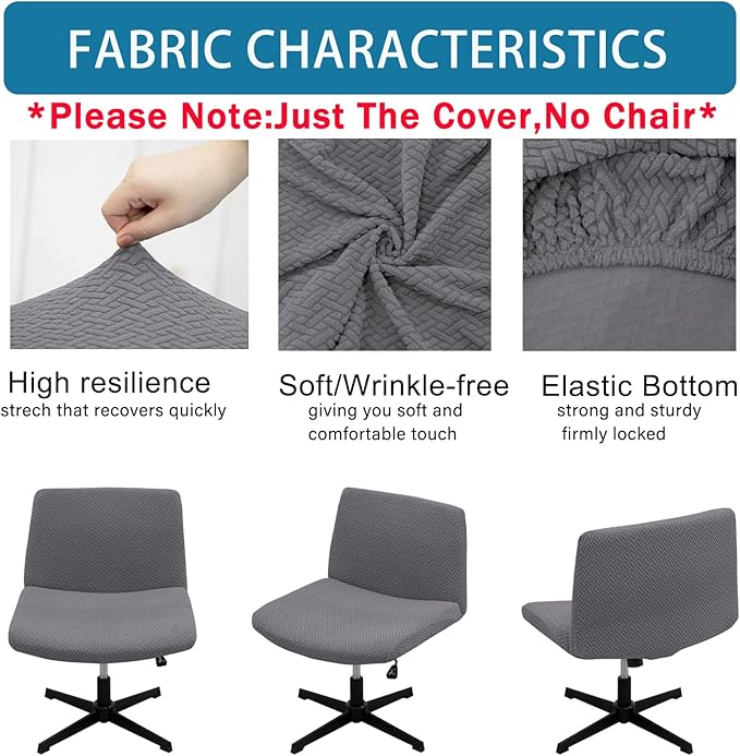 Vanity Chair Cover Criss Cross Chair Cover Elastic Armless Chair Slipcover Armless Chair Covers Office Chair Covers (Grey,Just The Cover,No Chair)