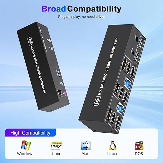 4K KVM Switch 3 Monitors 2 Computers Triple Monitor Displayport and 2 HDMI USB 3.0 KVM Switches 4K@60Hz,Support Extended/Mirror Mode Share 3 USB 3.0 Ports with Desktop Controller, Adapter Included