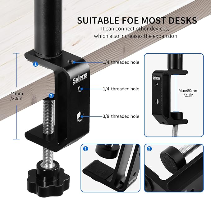 Selens Tabletop Camera Desk Mount Stand, 9.4"-18.5" with 1/4" Ball Head, Adjustable Desktop Stand Mount for DSLR Camera, Ring Light, Live Streaming, Video Studios