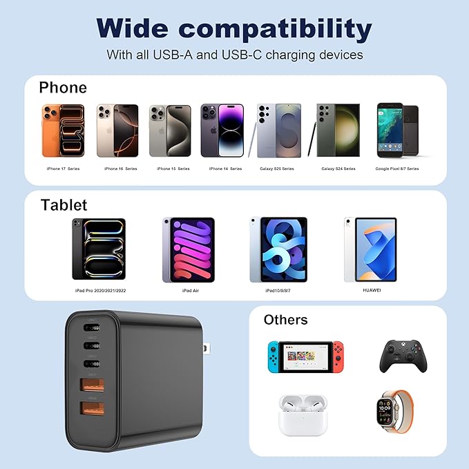 USB C Charger Block, 60W 5 in 1 Charging Blocks, PD 3.0 Fast Charger, QC 2A Black Wall Plug Multiport Type C Charging Block for iPhone 17 16 15 14 13 12 Pro Max, iPad, iPod, Samsung, AirPods Pro