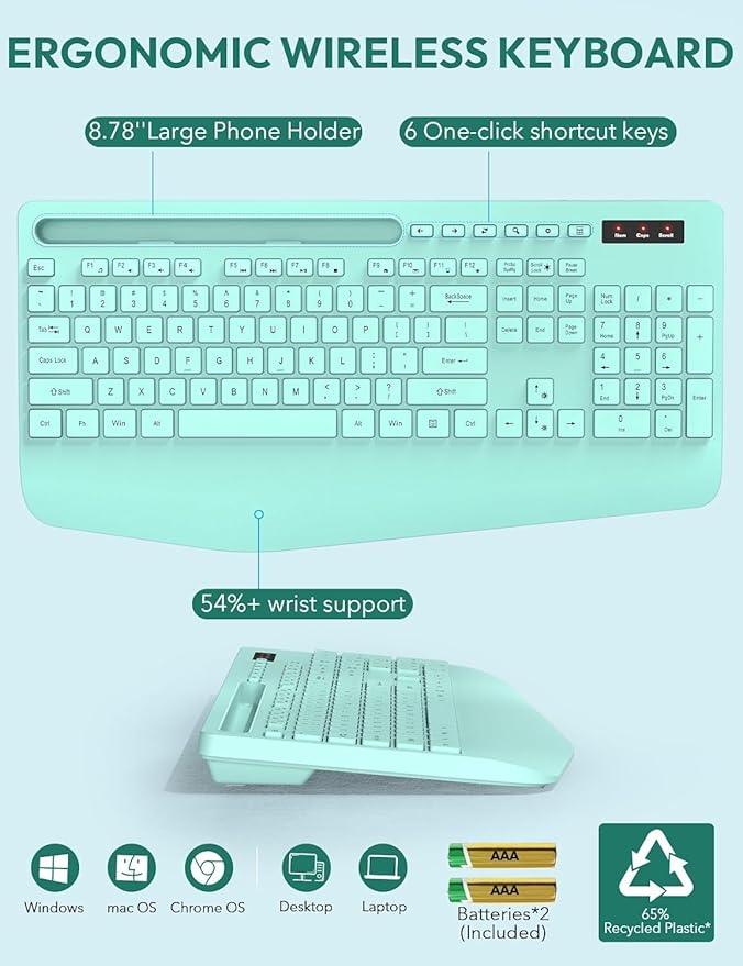 SABLUTE Wireless Keyboard and Mouse, Wrist Rest, Phone Holder, Batteries Included, 2.4G Lag-Free Ergonomic Keyboards Mouse Combo, KM23D Silent Keyboards Set for PC, Laptop, PC, Windows, Mint Green