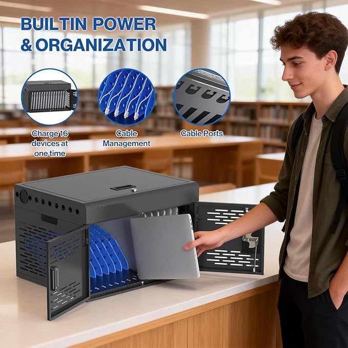 POCHAR 16-Device Charging Cabinet for Laptops & Tablets - Laptop Lock Box for Chromebook, iPad - Locking Laptop Charging Station for Classroom Office Library -Tablet Storage Box with Cable Management