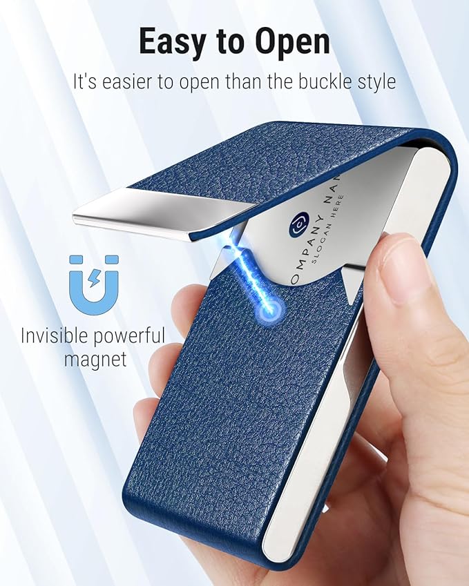 MaxGear Business Card Holder, PU Leather & Stainless Steel Business Card Case for Men or Women, Slim Name Cards Holder RFID Blocking Credit Cards Carrier with Magnetic Closure, Blue