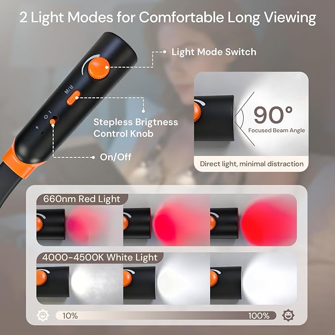 Neck Reading Light, Rechargeable Book Light for Reading at Night, 660nm Red Light & White Modes, Flexible 360° Bendable, Lightweight for Reading, Travel, Eye Care, Better Sleep & Recovery