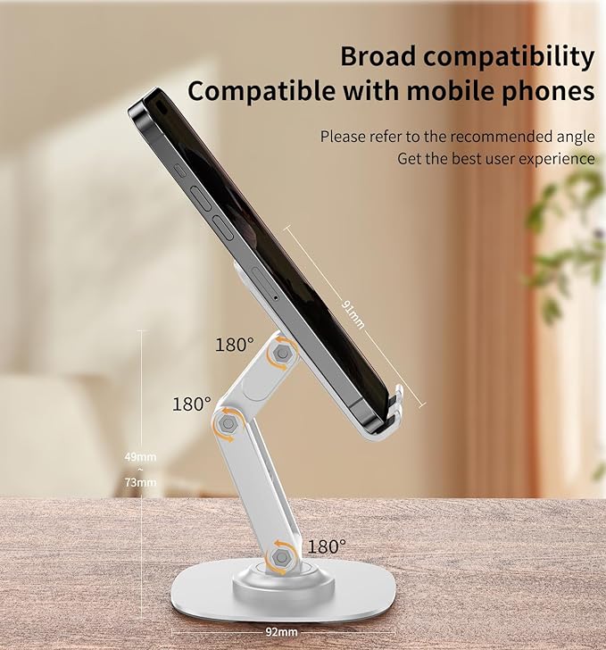 360° Rotating Cell Phone Stand for Desk, Adjustable & Foldable Phone Holder, Aluminum Desktop Phone Stand with Anti-Slip Base, Compatible with iPhone, iPad, Android Phones, K69-White