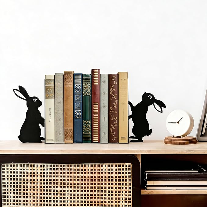 Bunny Metal Bookends for Shelves, Cute Black Rabbit Decorative Book Ends, Heavy Duty Rustproof Book Stoppers for Home Office & Study Desk, Ideal Gift for Rabbit Lovers & Book Lovers
