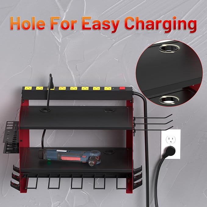 Power Tool Organizer Wall Mount wtih Charging Station,4 Drill Holder Wall Mount with 8 Outlet Power Strip,Heavy Duty Tool Rack with Hooks,Screwdriver Organizer in Garage(Dark Red,3 Layers)