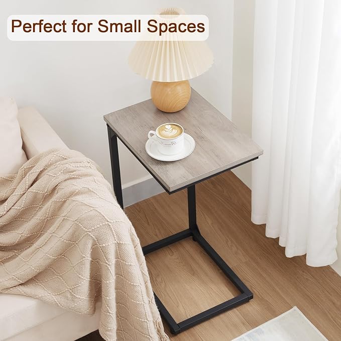 AMHANCIBLE C Shaped End Table, Slide Under Couch Table for Sofa, TV Tray Snack Table, Small Side Table for Small Space, Living Room, Grey HET02CGY-1