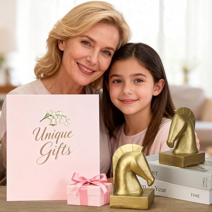 Gold Horse Head Decorative Bookends - Heavy Duty Non-Slip Book stoppers, Horse Statue Book Ends for Shelves, Modern Equestrian Ornaments for Home Farmhouse Shelves Office Lover Gift