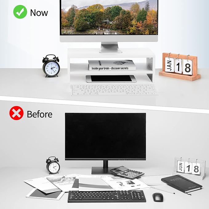 Monitor Stand Riser, 2-Tier Wood Computer Monitor Riser with Storage, Computer Screen Desk Shelf for Monitor, Laptop, PC, iMac, TV & Printer (White)