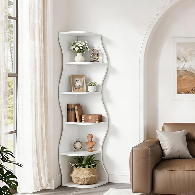 VECELO Wavy Corner Shelf with LED Light, Decorative 6-Tier Corner Display Bookshelf, 59.3" Tall Storage Organizer for Small Spaces, Living Room or Bedroom, White