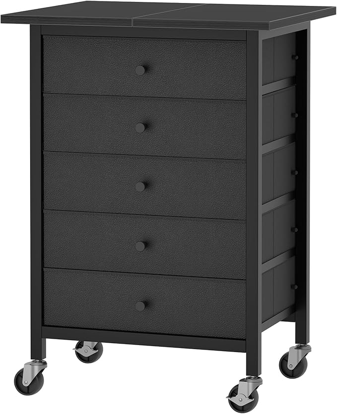 MAHANCRIS 5 Drawer File Cabinet,Rolling Filing Chest Cabinet with Wheels, Under Desk Storage Organizer, Printer Stand with Non-Woven Fabric Drawer, for Home Office, Study, Black FCBK4801