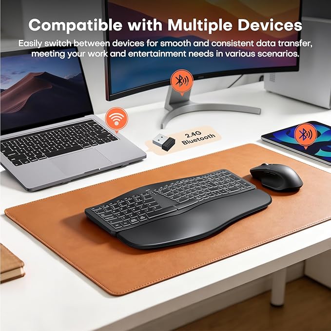 MOKURU Wireless Ergonomic Keyboard, Split Keyboard with Wrist Rest, Full Size 2.4G BT Computer Keyboard, Compatible with Windows, Mac OS, PC Computer/Laptop (Black)