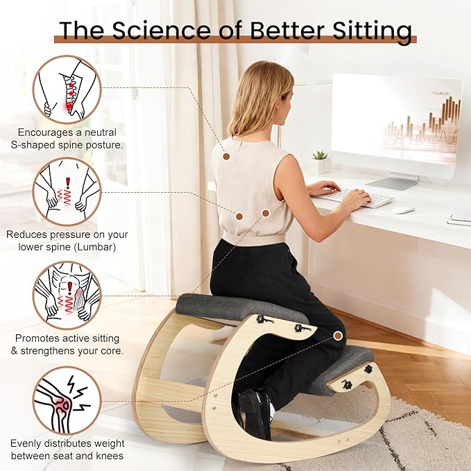 Ergonomic Kneeling Chair - Adjustable Seat, Smooth Rocking Base for Active Posture, Relieves Back & Spine Pressure for Office &Home Sturdy Kneeling Desk Chair Holds 300 lbs, Durable & Stable